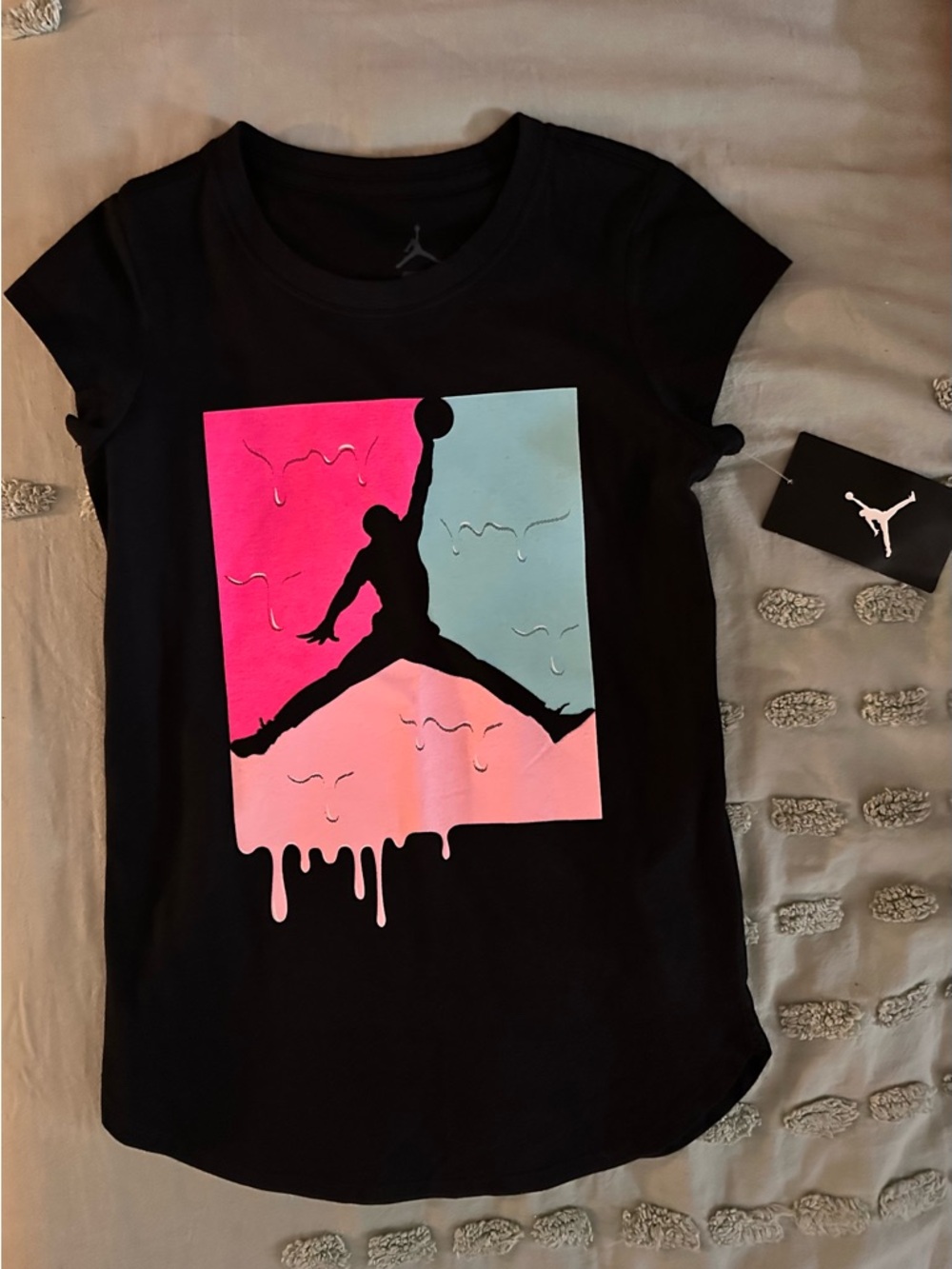 Jordan Black Tee with Pink and Teal Drip Jumpman | Size 10-12 Youth Girls NWT 🏷️ - Picture 3 of 11